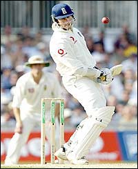 England's Marcus Trescothick dodges a bouncer
