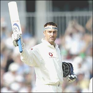 Graham Thorpe salutes the crowd as he receives a rapturous reception from the crowd on reaching his hundred