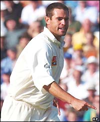 Andrew Hall celebrates the wicket of England's Ed Smith