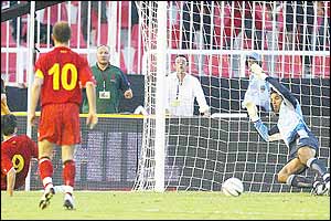 Georgi Hristov's shot hits David James' legs and ends up in the back of the net