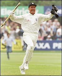 Stewart celebrates a Test series win over South Africa at Headingley in 1998