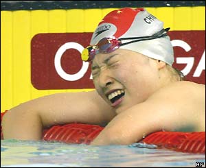 Xuejuan Luo cries with delight after winning the 100m breaststroke