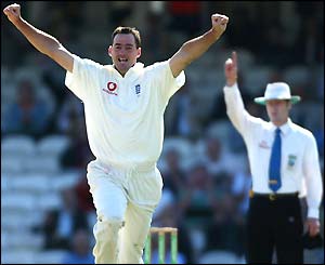 Martin Bicknell celebrates dismissing Mark Boucher