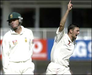 Steve Harmison wheels away as he dismisses Shaun Pollock