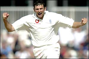 Steve Harmison celebrates the wicket of Makhaya Ntini