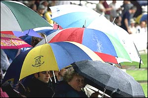 A group of diehard cricket fans get their umbrellas out