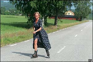 Skating at her summer home in Dalarna, Sweden, July 1997