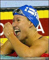 Finland's Hanna-Maria Seppala reacts after winning the women's 100m freestyle final 