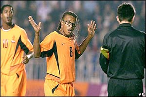 Holland's Edgar Davids is sent off against the Czech Republic