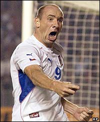 Czech Republic's Jan Koller celebrates scoring against Holland