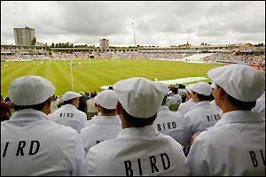 Spectators dress as umpire Dickie Bird at Edgbaston