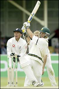 Graeme Smith lofts the ball towards square leg where James Anderson makes the catch