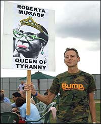 Peter Tatchell protests against the regime of Robert Mugabe
