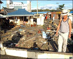 Resident walks by a destroyed house in Ulsan
