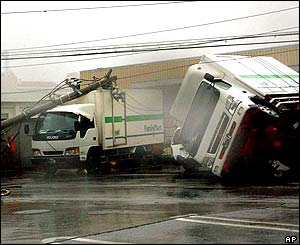 Truck flipped onto its side in Hirara City on Miyakojima Island in Okinawa Prefecture