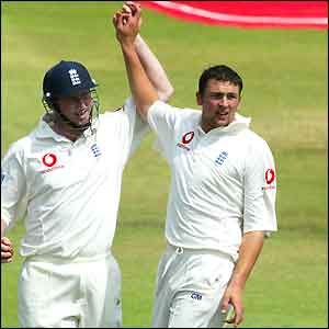 Steve Harmison celebrates after taking the wicket of Gary Kirsten