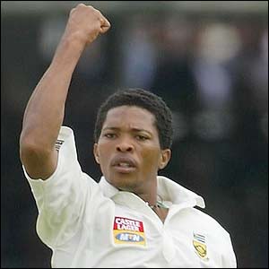 Makhaya Ntini celebrates the dismissal of Marcus Trescothick for six 