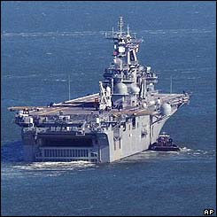 US Navy ship leaving naval base at Norfolk, Virginia 