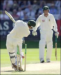 Mark Boucher is bowled by James Anderson for 68