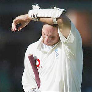 Michael Vaughan is bowled by Andrew Hall for 29 as England's reply starts badly