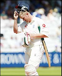 Anthony McGrath is dismissed off the bowling of Shaun Pollock