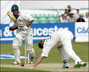Graeme Hick stands firm at the crease