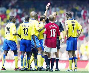 Francis Jeffers is shown the red card