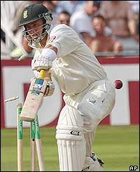 Herschelle Gibbs plays Harmison's ball onto his stumps and is out for 19