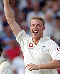 Andrew Flintoff takes the wicket of Graeme Smith for 35