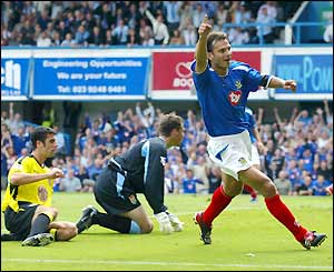 Patrik Berger celebrates scoring for Pompey