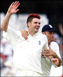 James Anderson and Nasser Hussain celebrate Neil McKenzie's wicket