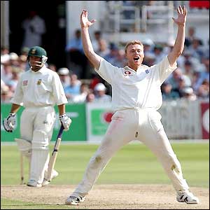 Andrew Flintoff appeals for the wicket of Mark Boucher