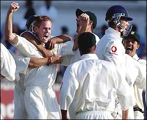 Marcus Trescothick trudges off amid wild South African celebrations led by Shaun Pollock