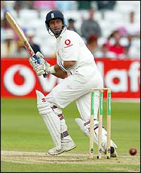 Nasser Hussain flicks a ball to leg