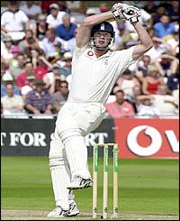 Andrew Flintoff hooks Makhaya Ntini to the boundary 