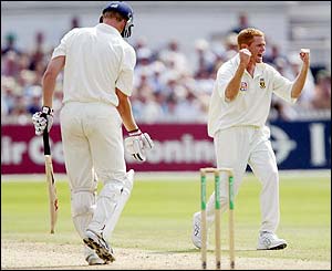 Shaun Pollock claims the wicket of Andrew Flintoff