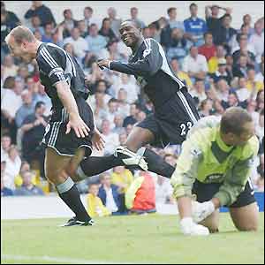 Alan Shearer celebrates his second of the game