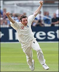 Kirtley celebrates taking the wicket of Mark Boucher
