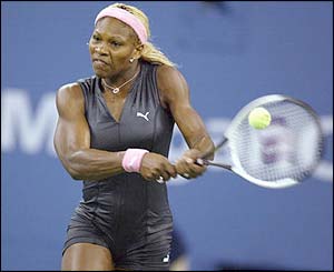 Serena Williams hits a powerful forehand