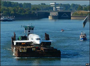 Main section of former Air France Concorde on pontoon near Iffezheim, southern Germany, on 19 July 2003 .