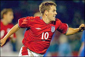 Michael Owen scores against Slovakia in Bratislava