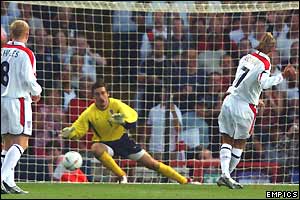 David Beckham scores England's first goal from the penalty spot
