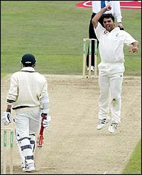 Kabir Ali celebrates claiming the wicket of Jacques Rudolph