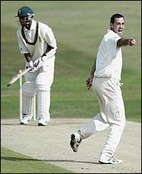 Martin Bicknell of England appeals for the wicket of Monde Zondeki