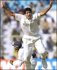 Indian bowler Zaheer Khan takes a wicket