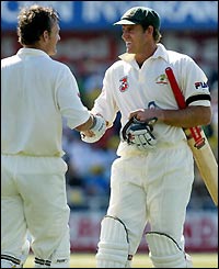 Adam Gilchirst congratulates Matthew Hayden