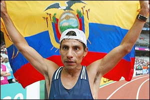 Jefferson Perez wins the 20km walk in a new world record 