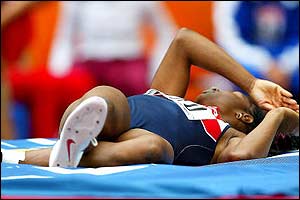 Denise Lewis looks disappointed after a poor showing in the high jump