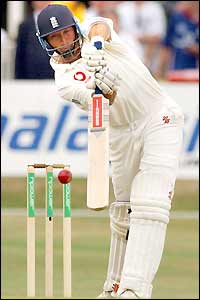 Nasser Hussain drives the ball against South Africa