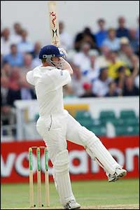 Andrew Flintoff looks to get on top of the South African attack